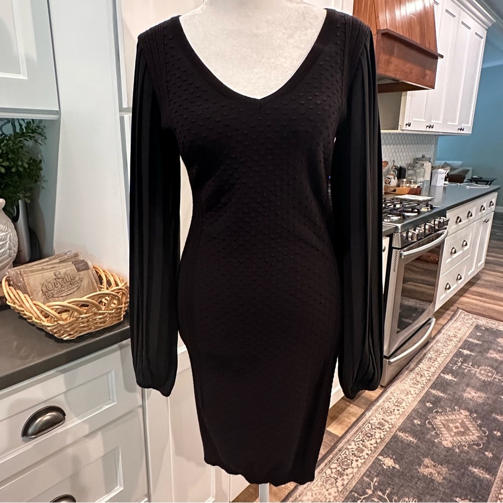 White House Black Market Women Pleated Sleeve Sweater Dress Sz XS Textured Puff